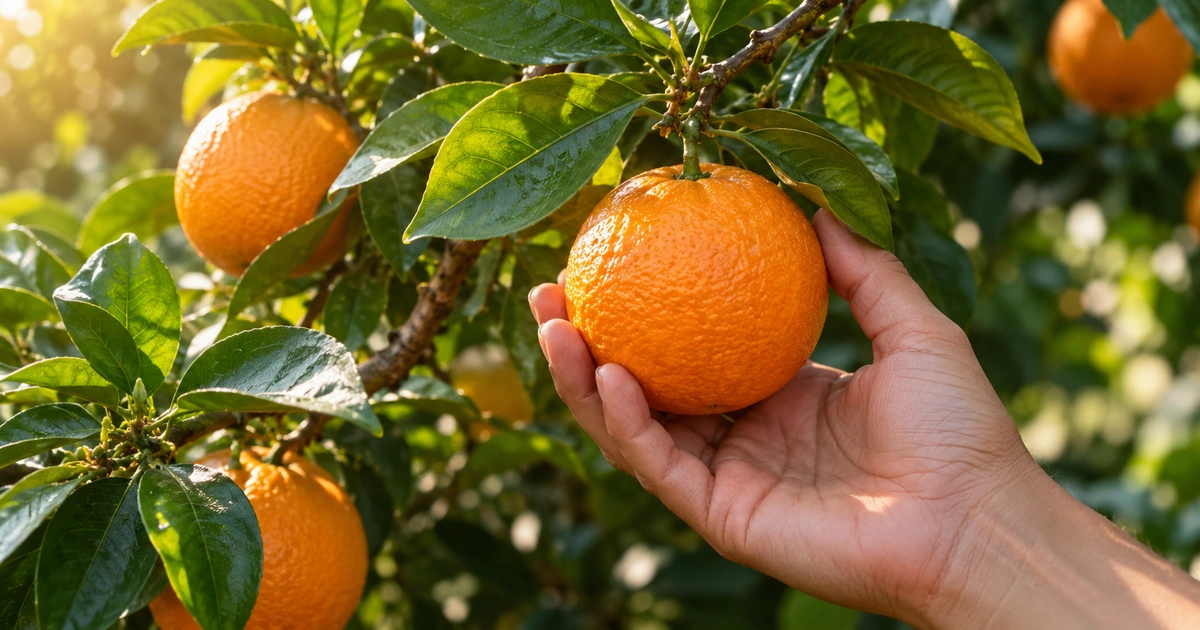 Uma mão sustenta delicadamente uma laranja madura ainda ligada ao ramo, entre folhas verdes.