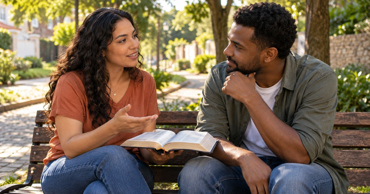 Dois adultos conversam em um banco de praça, com uma Bíblia aberta entre eles.