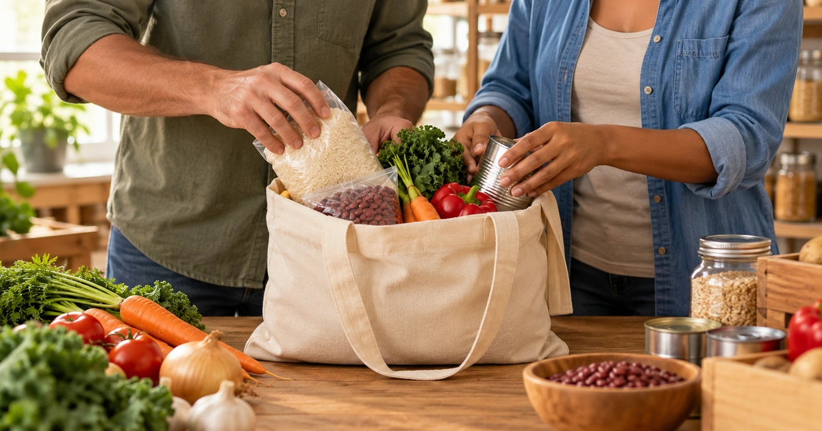 Duas pessoas organizam discretamente uma sacola de alimentos sobre uma mesa, com cuidado e respeito.
