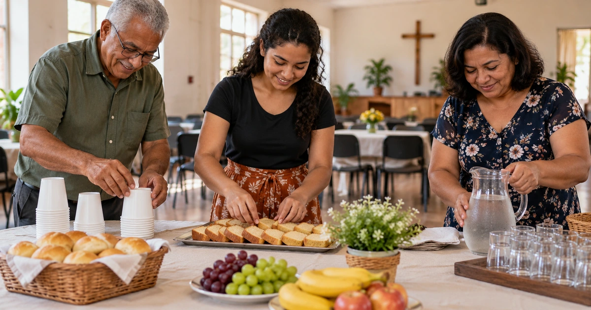 Voluntários de uma comunidade preparam uma mesa de acolhimento, cada um contribuindo com uma tarefa.