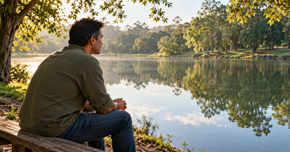 Um homem contempla em silêncio o reflexo das árvores em um lago, em um momento de reflexão.