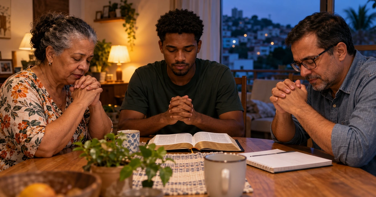 Três adultos se reúnem em oração ao redor de uma mesa com Bíblia e caderno.