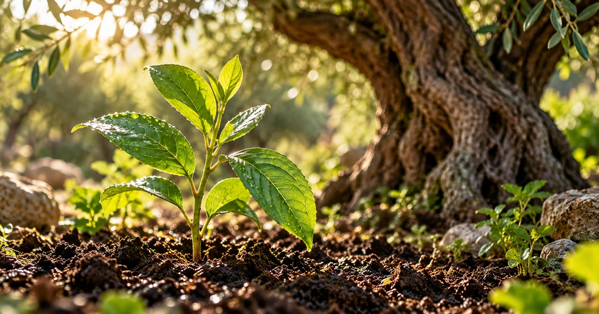 Uma muda verde coberta de pequenas gotas cresce em solo úmido, perto do tronco de uma árvore.