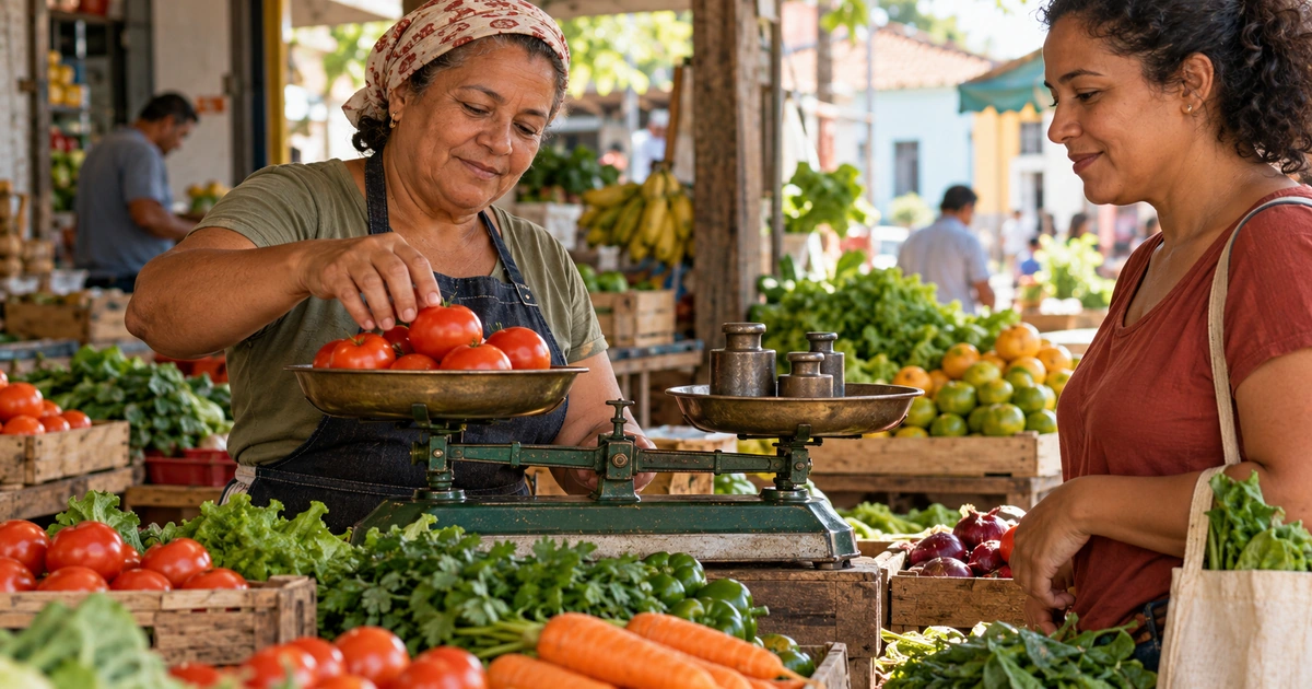 Uma feirante pesa tomates em uma balança de dois pratos enquanto uma cliente acompanha a compra.