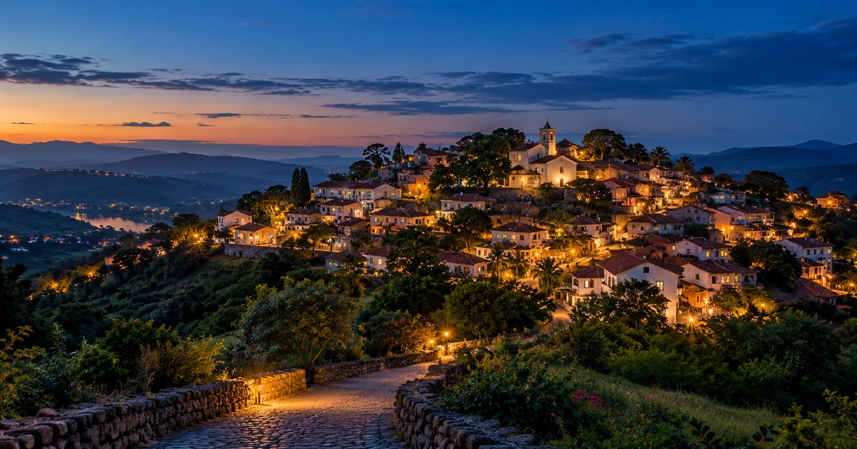 Uma pequena cidade iluminada aparece sobre uma colina ao entardecer, visível à distância.