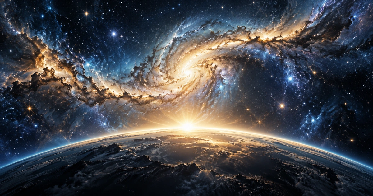 Ilustração artística do espaço com estrelas, uma nebulosa luminosa e o horizonte de um planeta.