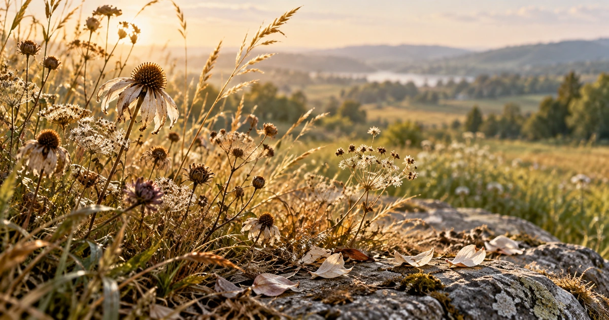 Flores secas, hastes de capim e pétalas caídas sobre uma pedra recebem a luz suave da manhã.