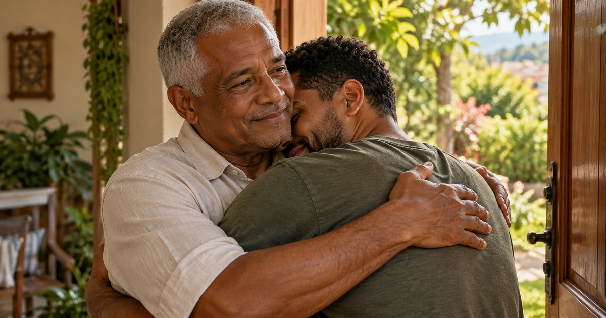 Um pai mais velho abraça seu filho adulto à porta de casa, em uma cena de afeto e acolhimento.