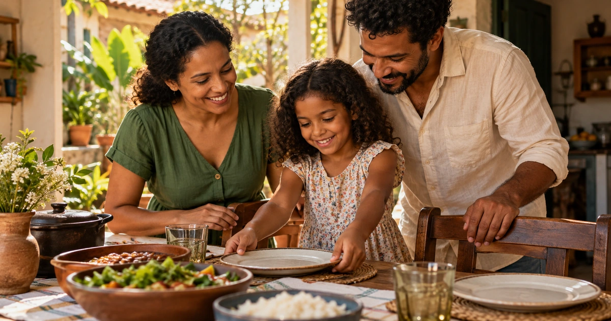 Uma família ajuda uma criança a colocar um prato à mesa, em um ambiente acolhedor.