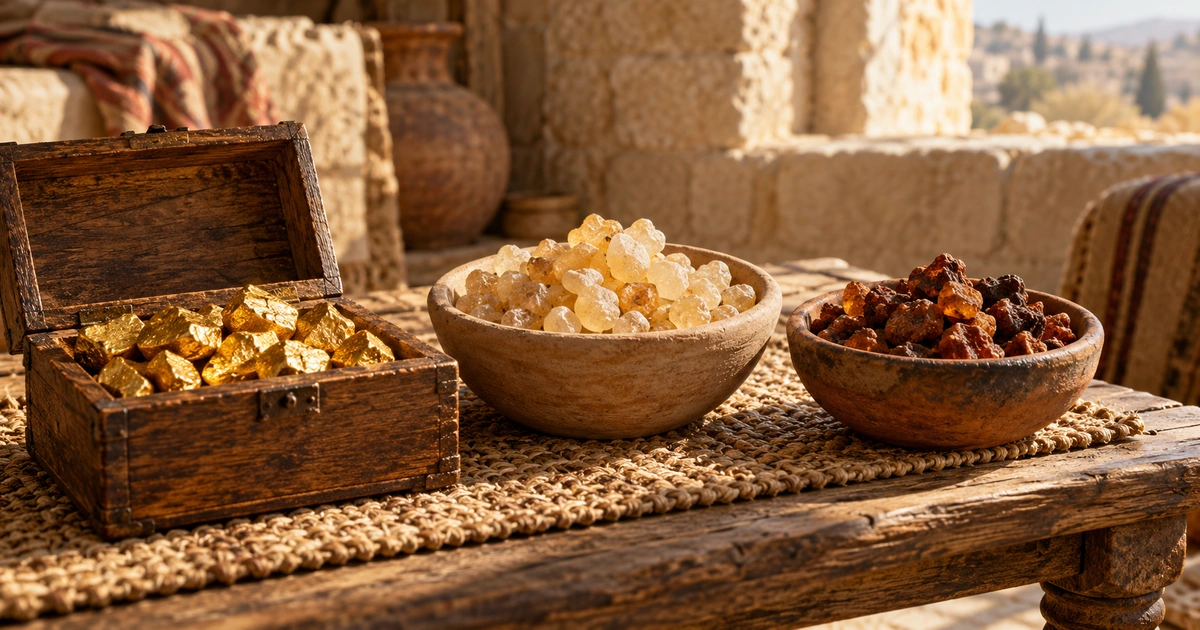 Ouro em uma pequena caixa e duas tigelas com resinas claras e escuras sobre uma mesa de madeira.