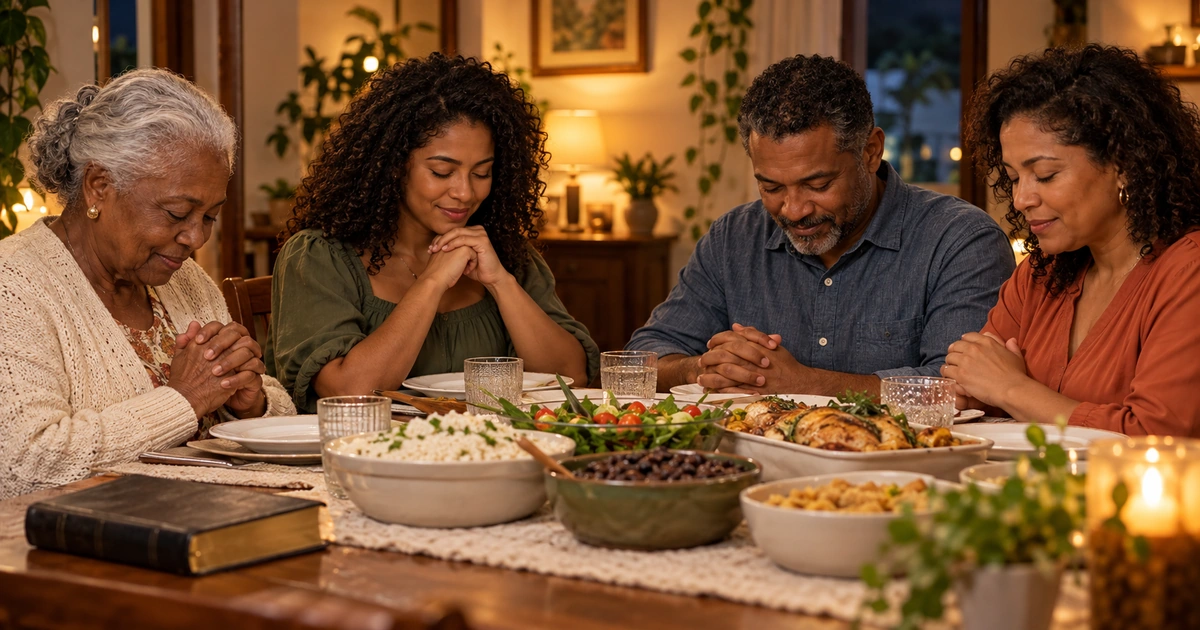 Uma família reunida à mesa faz uma breve oração de gratidão, com uma Bíblia próxima.