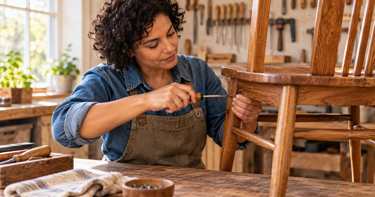 Uma pessoa trabalha com atenção no reparo manual de uma cadeira de madeira em uma oficina simples.