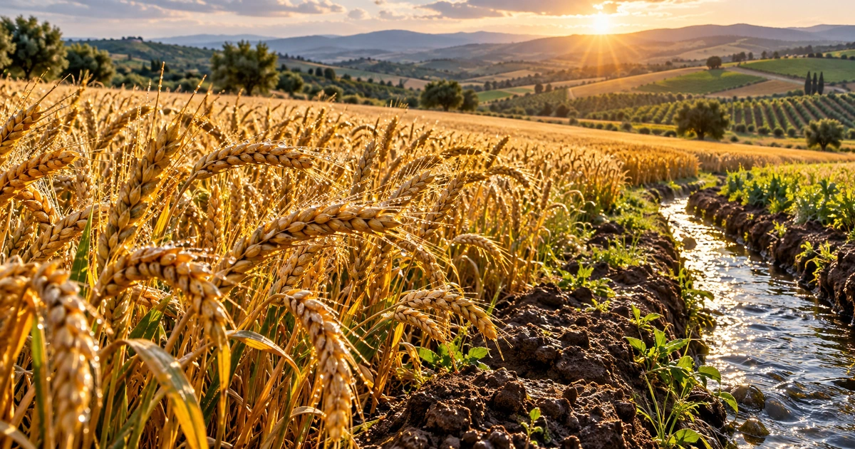 Espigas maduras de trigo recebem luz sobre um campo úmido, ao lado de um pequeno canal de água.
