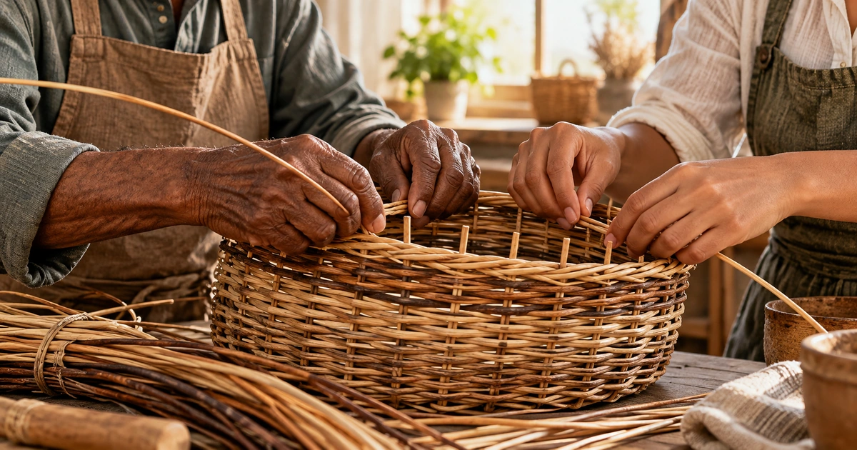 Duas pessoas colaboram na confecção manual de um cesto, com atenção ao trabalho de suas mãos.